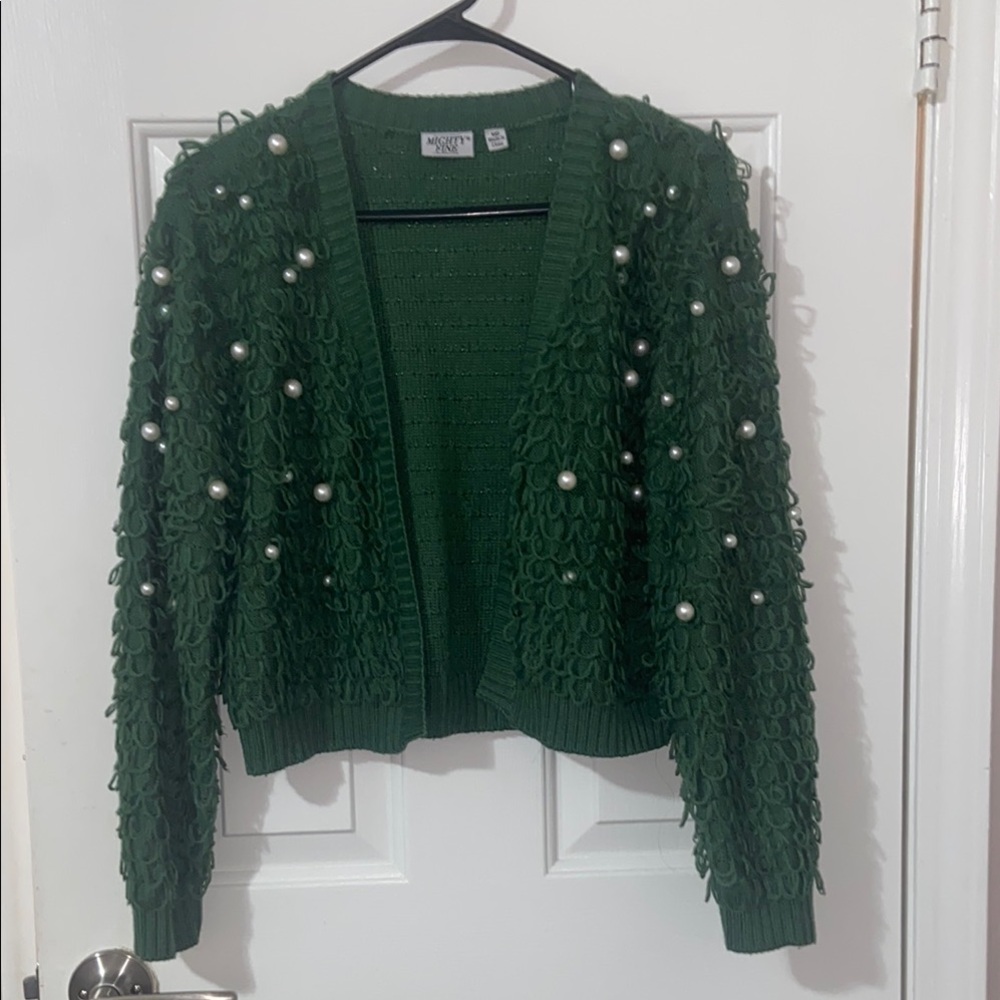 Green Sweater with Pearl Accents